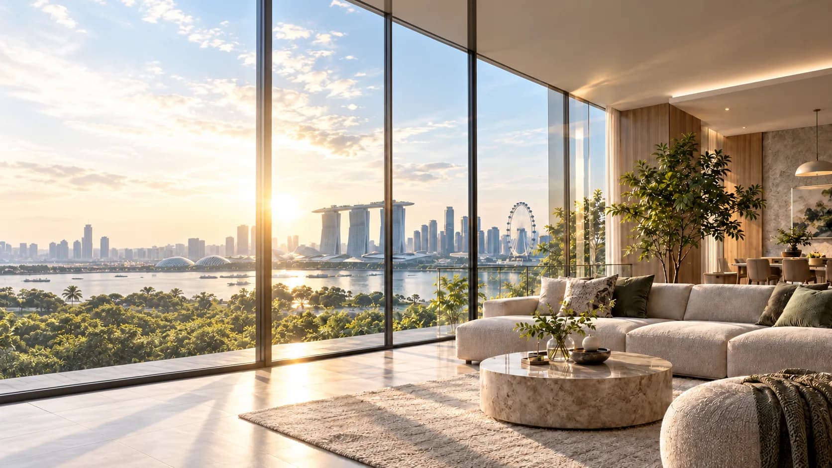 Sunlit Singapore living room with floor-to-ceiling glazing and a Marina Bay view