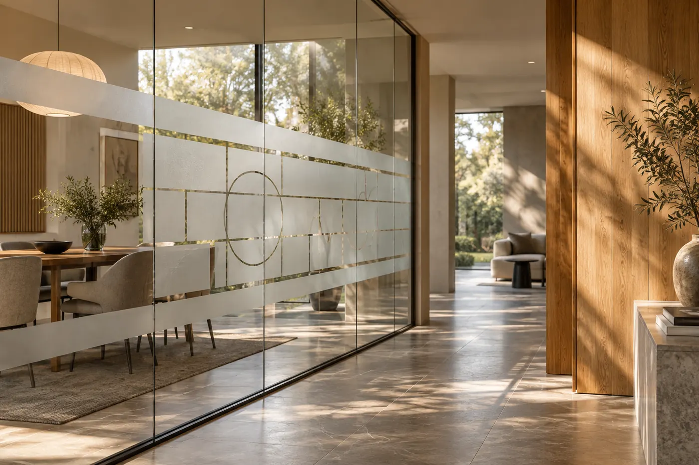 Illustrative patterned frosted glass partition in a sunlit interior