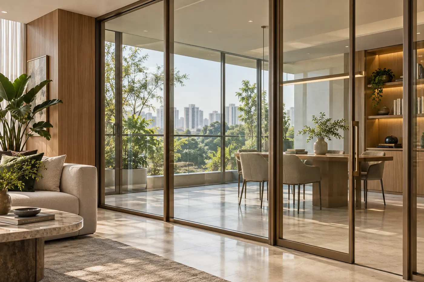 Illustrative architectural glazing in a warm interior